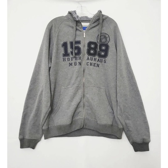 Hofbrauhaus Munchen Jacket Hoodie L Gray Full Zip Hooded Outerwear Streetwear - Picture 1 of 11